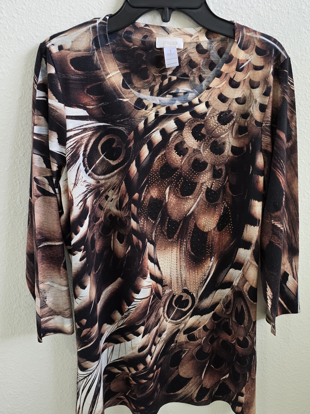 Chico's brown feather-print long-sleeve blouse